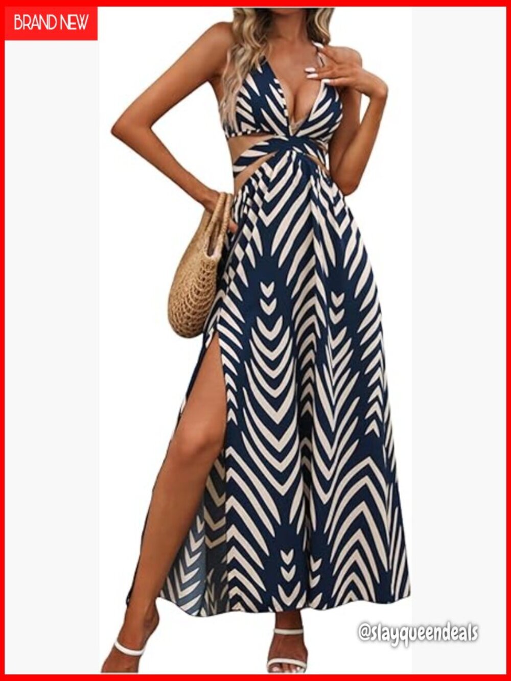 Polyester Maxi Dress with High Split, Backless Halter, Cutout Waist